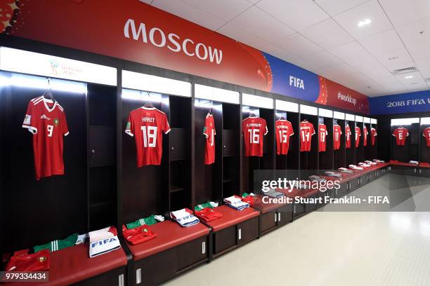 General view inside the Morocco dressing room prior to the 2018 FIFA World Cup Russia group B match between Portugal and Morocco at Luzhniki Stadium...