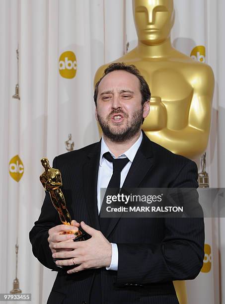 Nicolas Schmerkin celebrates with his Best Animated Short Film Oscar for "Logorama" during the 82nd Academy Awards at the Kodak Theater in Hollywood,...