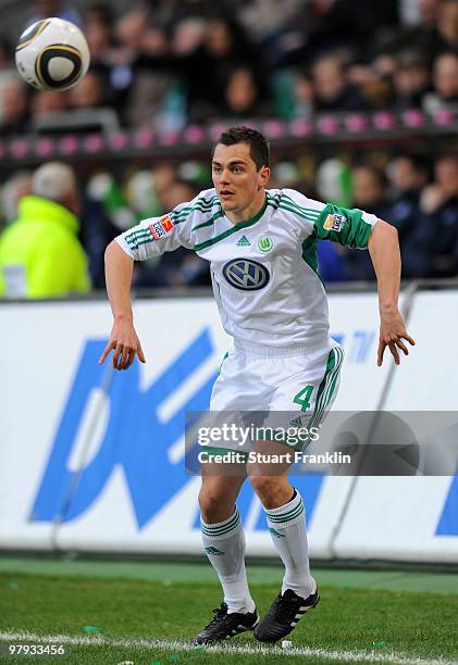 Marcel Schaefer of Wolfsburg in action during the Bundesliga match between VfL Wolfsburg and Hertha BSC Berlin at Volkswagen Arena on March 21, 2010...