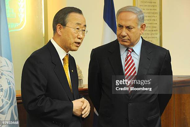 Benjamin Netanyahu, Israel's prime minister, right, greets Ban Ki-Moon, secretary-general of the United Nations, at the Prime Minister's office in...
