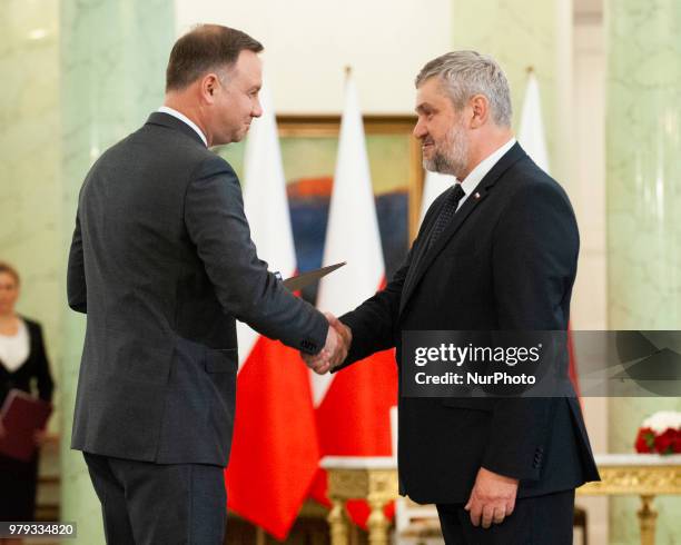 Jan Ardanowski is congratulated by president Andrzej Duda as the new Minister of Agriculture in Warsaw, Poland on June 20, 2018. On Wednesday...