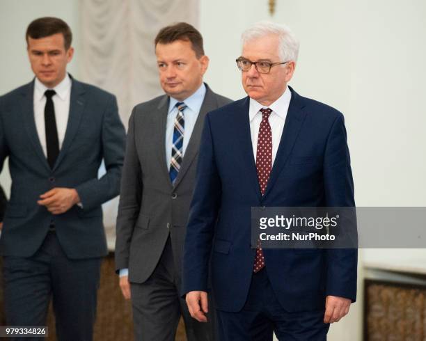 Minister of Foreign Affairs Jacek Czaputowicz , Minister of National Defence Mariusz Blasczak and Minister of Sport and Tourism Witold Banka are seen...