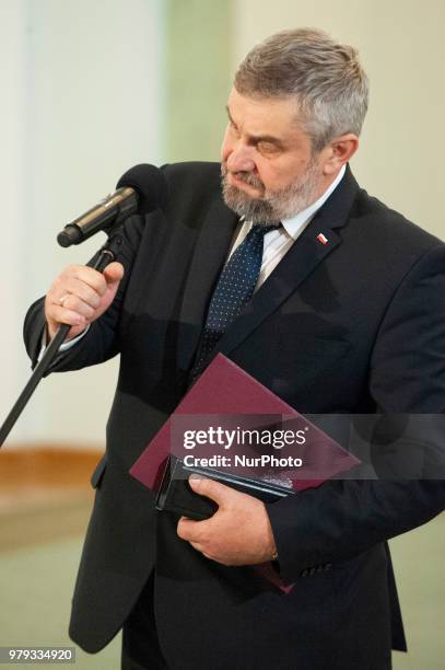 Jan Ardanowski is seen at his installment as the new Minister of Agriculture in Warsaw, Poland on June 20, 2018. On Wednesday president Duda...