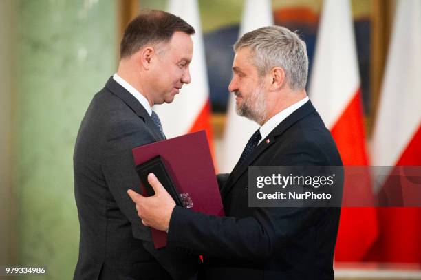 Jan Ardanowski is congratulated by president Andrzej Duda as the new Minister of Agriculture in Warsaw, Poland on June 20, 2018. On Wednesday...