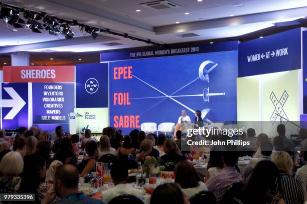 Fencing Champion Ibtihaj Muhammad and President of Weber Shandwick Gail Heimann speak on stage at IPG's Women's Breakfast At Cannes Lions at Hotel...