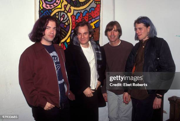 Big Star posed backstage at Tramps in New York City on November 08 1995 L-R Jon Auer , Alex Chilton, Jody Stephens, Ken Stringfellow