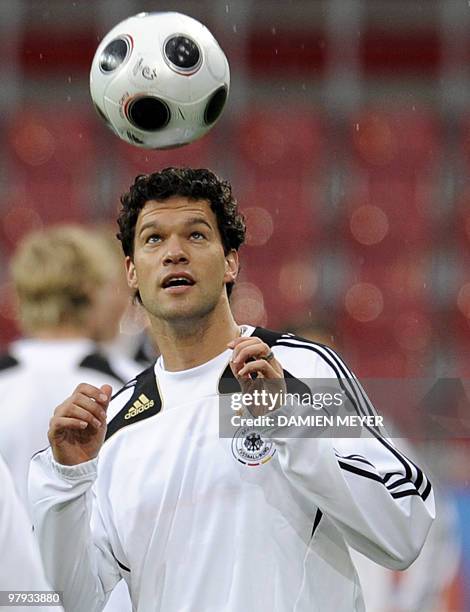 German midfielder Michael Ballack heads the ball during a training session on the eve of the match against Croatia on June 11, 2008 in Klagenfurt....