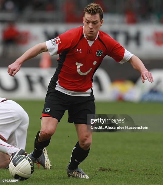 Hanno Balitsch of Hannover runs with the ball during the Bundesliga match between VfB Stuttgart and Hannover 96 at Mercedes-Benz Arena on March 20,...