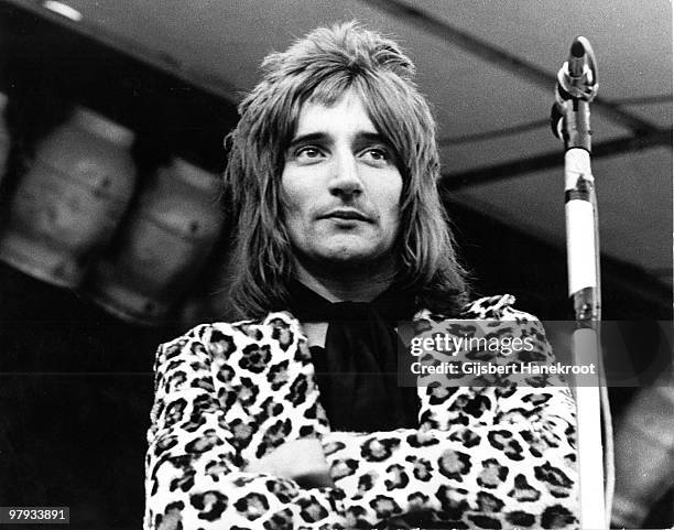 Rod Stewart posed backstage at the Oval Cricket Ground, London before the Faces Concert on September 18 1971