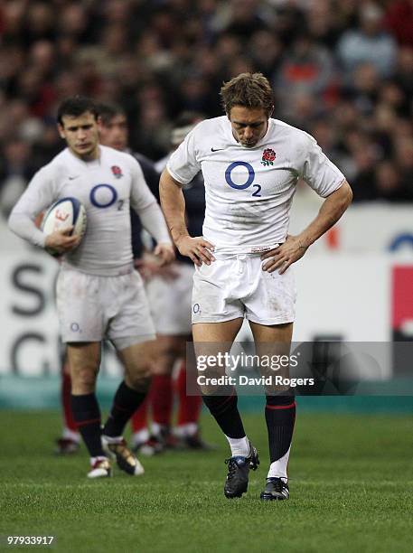 Jonny Wilkinson of England looks dejected during the RBS Six Nations Championship match between France and England at the Stade de France on March...