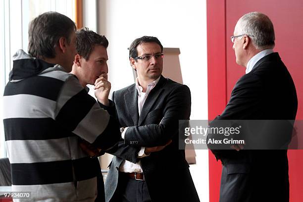 Martin Bader , manager of 1.FC Nuernberg, the club's lawyer Christopf Schickhardt and two witnesses wait for the process against 1.FC Nuernberg at...