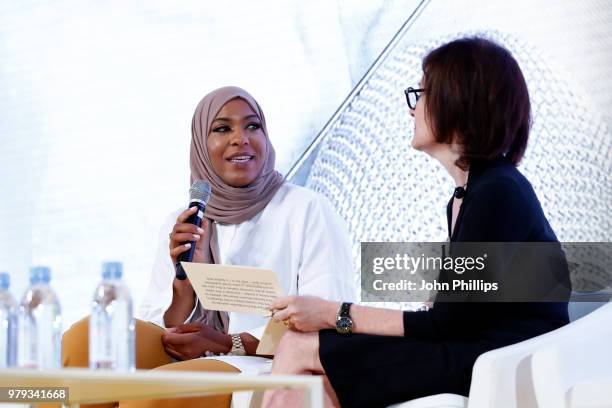 Fencing Champion Ibtihaj Muhammad and President of Weber Shandwick Gail Heimann speak on stage at IPG's Women's Breakfast At Cannes Lions at Hotel...