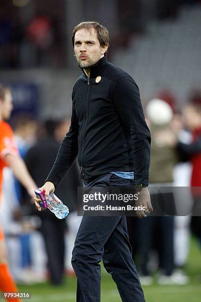 Head coach Thomas Tuchel of Mainz disapointed after the Bundesliga match between SC Freiburg and FSV Mainz 05 at Badenova Stadium on March 20, 2010...