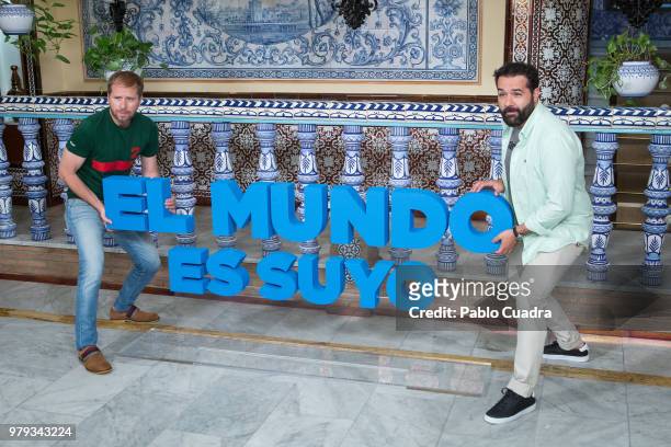 Actors Alberto Lopez and Alfonso Sanchez attend the 'El Mundo Es Suyo' photocall at La Giralda Restaurant on June 20, 2018 in Madrid, Spain.