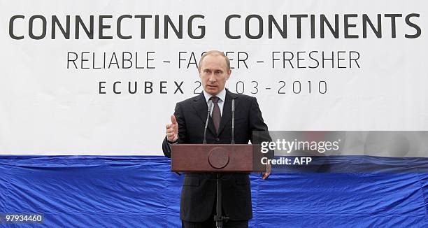 Russian Prime Minister Vladimir Putin makes a speech in St. Petersburg on March 22, 2010 at the commencement ceremony for the Ecubex maritime...