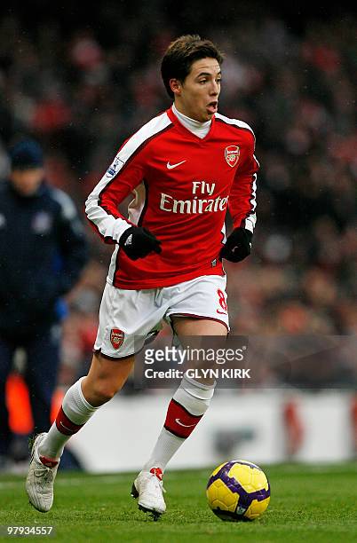 Arsenal's French midfielder Samir Nasri in action during their English Premier League football match against Everton at the Emirates Stadium, London,...
