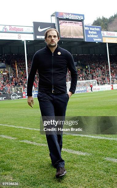 Head coach Thomas Tuchel of Mainz seen prior the Bundesliga match between SC Freiburg and FSV Mainz 05 at Badenova Stadium on March 20, 2010 in...