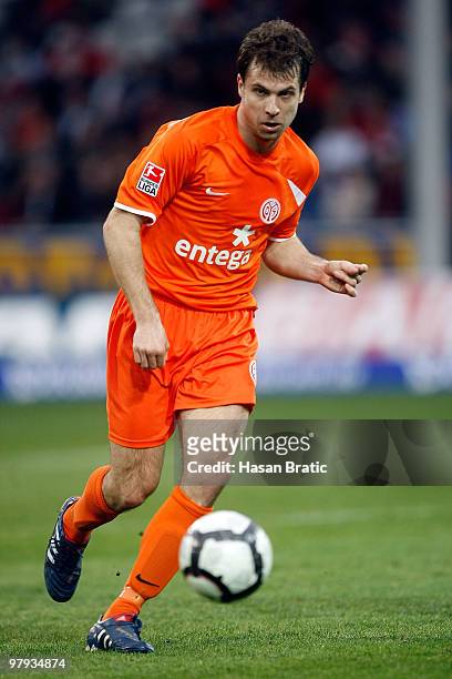 Andreas Ivanschitz of Mainz plays the ball during the Bundesliga match between SC Freiburg and FSV Mainz 05 at Badenova Stadium on March 20, 2010 in...