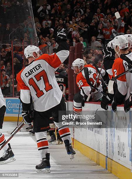 Jeff Carter of the Philadelphia Flyers celebrates a win over the Chicago Blackhawks at the Wachovia Center on March 13, 2010 in Philadelphia,...
