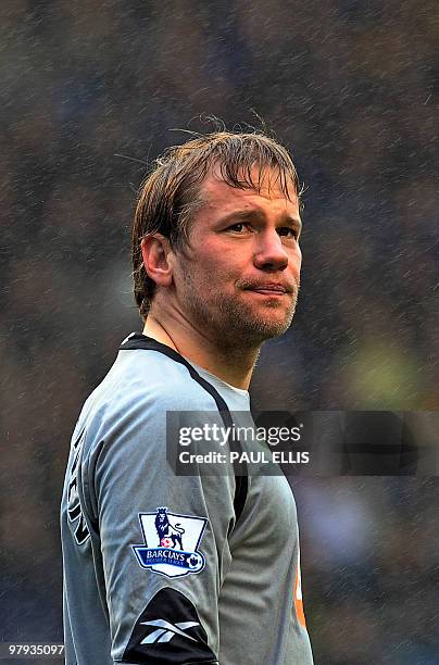 Bolton Wanderers' Finnish goalkeeper Jussi Jaaskelainen during the English Premier League football match between Everton and Bolton Wanderers at...