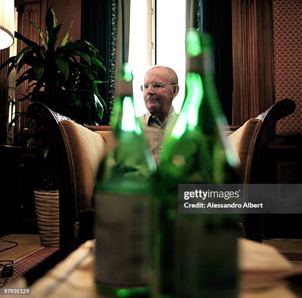 Writer Wilbur Smith poses for a portrait shoot in Milan on March 30, 2004. .