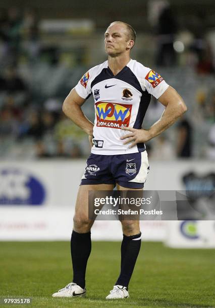 Darren Lockyer of the Broncos reacts during the round two NRL match between the Canberra Raiders and the Brisbane Broncos at Canberra Stadium on...