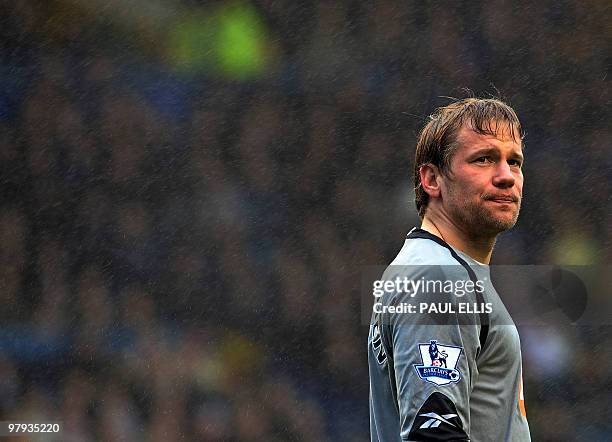 Bolton Wanderers' Finnish goalkeeper Jussi Jaaskelainen during the English Premier League football match between Everton and Bolton Wanderers at...