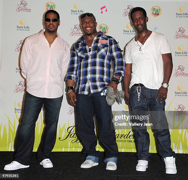 Shawn Stockman, Wanya Morris and Nathan Morris of R&B Group Boyz II Men visit the media tent at 5th Annual Jazz In The Gardens 2010 on March 21, 2010...