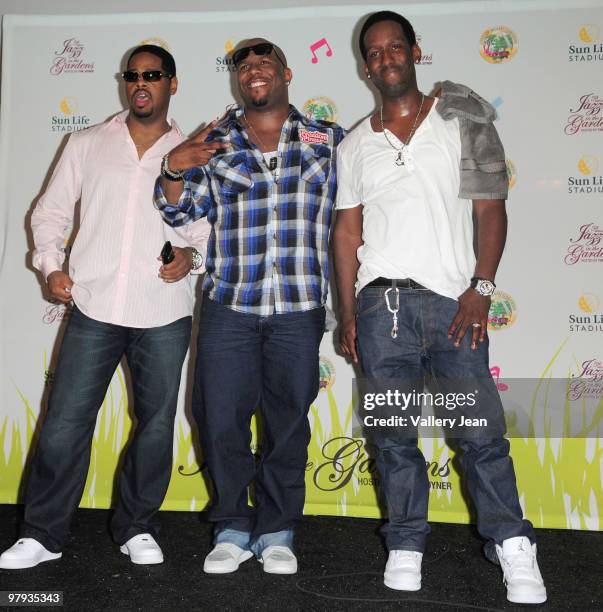 Shawn Stockman, Wanya Morris and Nathan Morris of R&B Group Boyz II Men visit the media tent at 5th Annual Jazz In The Gardens 2010 on March 21, 2010...