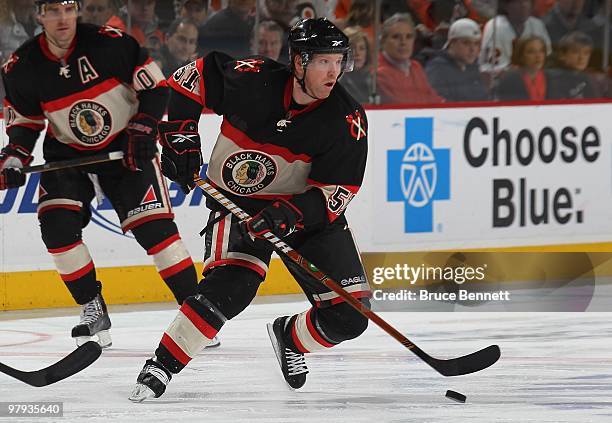 Brian Campbell of the Chicago Blackhawks skates against the Philadelphia Flyers at the Wachovia Center on March 13, 2010 in Philadelphia,...