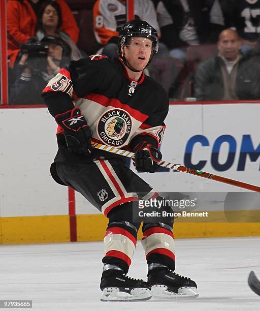 Brian Campbell of the Chicago Blackhawks skates against the Philadelphia Flyers at the Wachovia Center on March 13, 2010 in Philadelphia,...