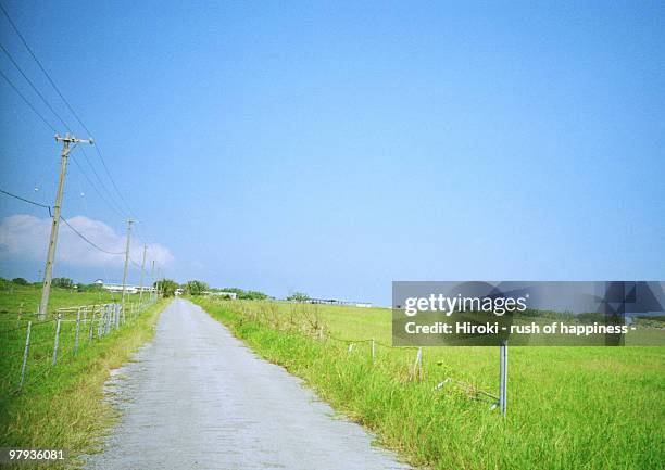 straight road under blue sky - île de taketomi photos et images de collection