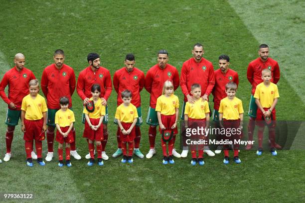 The Morocco players line up for the national anthem prior to the 2018 FIFA World Cup Russia group B match between Portugal and Morocco at Luzhniki...