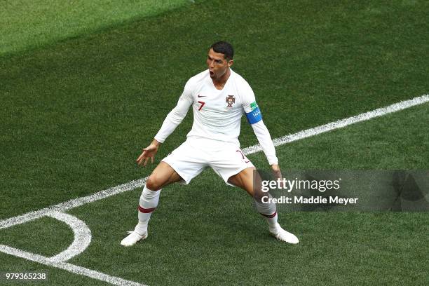 Cristiano Ronaldo of Portugal celebrates after scoring his team's first goal during the 2018 FIFA World Cup Russia group B match between Portugal and...