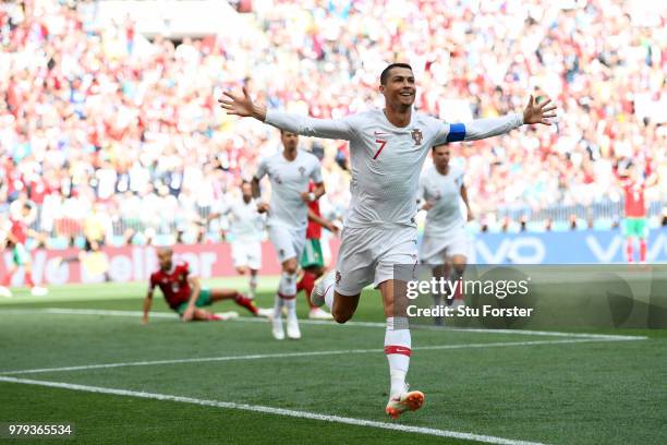 Cristiano Ronaldo of Portugal celebrates after scoring his team's first goal during the 2018 FIFA World Cup Russia group B match between Portugal and...