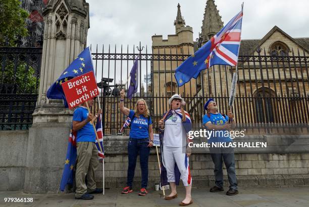 Demonstrators wave EUropean Union flags as they protest during an anti-Brexit demonstration outside the Houses of Parliament in London on June 20,...