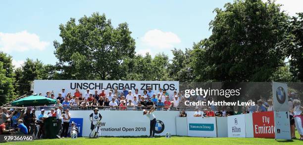 Tommy Fleetwood of England tees off on the first hole during a practice round ahead of the BMW International Open at Golf Club Gut Larchenhof on June...