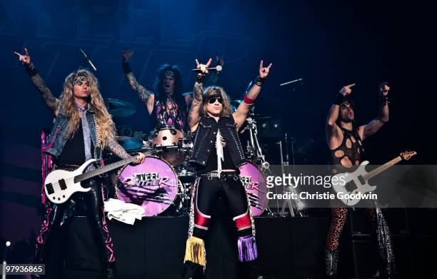 Steel Panther perform on stage at Brixton Academy on March 19, 2010 in London, England.