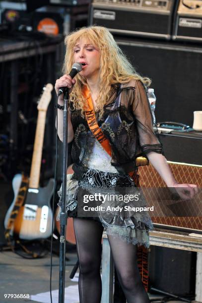 Courtney Love of American Alternative Rock Band Hole performs at Stubb's Ampitheatre during day three of SXSW 2010 Music Festival on March 19, 2010...