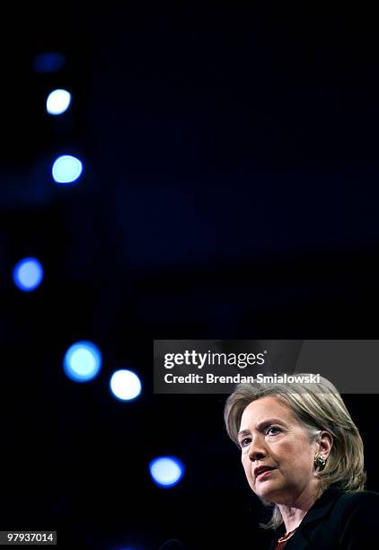 Secretary of State Hillary Rodham Clinton speaks during the 2010 American Israel Public Affairs Committee conference March 22, 2010 in Washington,...