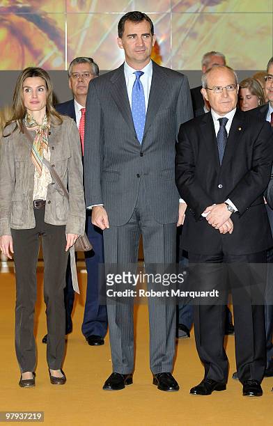 Spanish prince Felipe , princess Letizia of Spain, Jose Montilla president of the Generalitat de Catalunya attend the 'Alimentaria 2010' at the Fira...