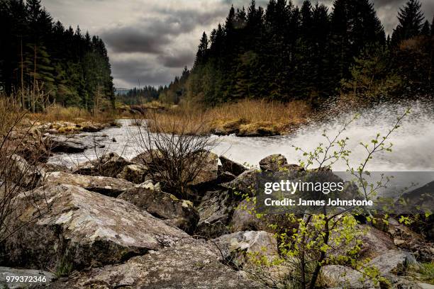 turbulent mountain river, clatteringshaws loch, scotland, uk - dumfries - fotografias e filmes do acervo