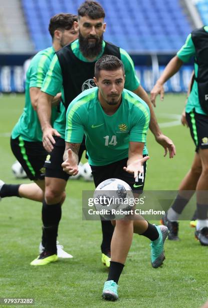 Jamie Maclaren of Australia throws the ball during an Australia Socceroos training session at Samara Arena on June 20, 2018 in Samara, Russia.