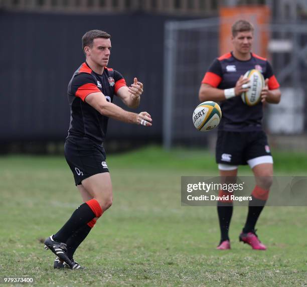 George Ford passes the ball during the England training session at Kings Park on June 20, 2018 in Durban, South Africa.