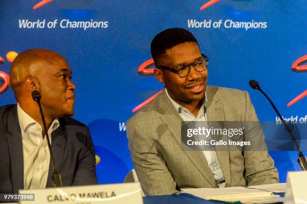 Gideon Khobane of SuperSport and CEO Calvo Mawela of Multichoice SA during the SuperSport media briefing to announce the outcome of the independent...