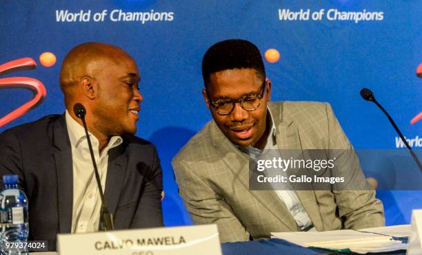 Gideon Khobane of SuperSport and CEO Calvo Mawela of Multichoice SA during the SuperSport media briefing to announce the outcome of the independent...
