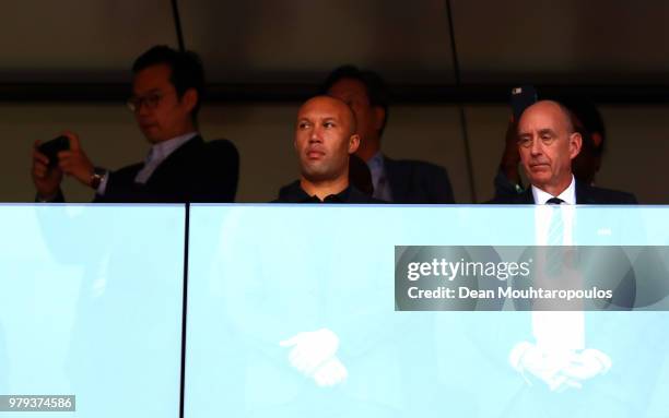 Mikael Silvestre looks on from the stand prior to the 2018 FIFA World Cup Russia group B match between Portugal and Morocco at Luzhniki Stadium on...