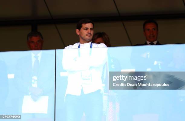 Iker Casillas looks on from the stand prior to the 2018 FIFA World Cup Russia group B match between Portugal and Morocco at Luzhniki Stadium on June...