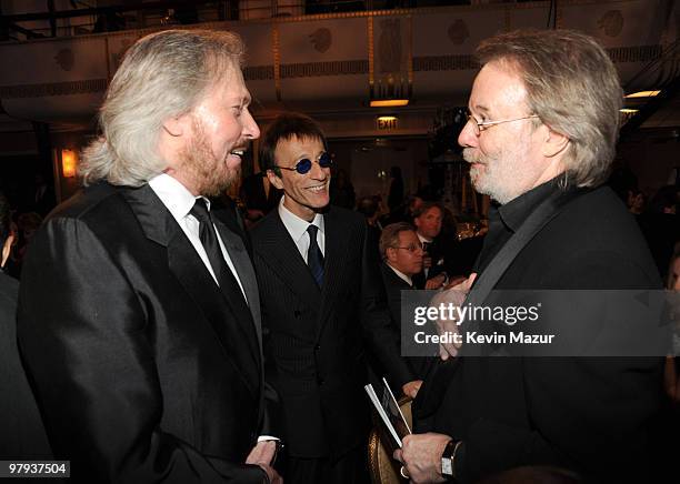 Exclusive* Barry Gibb, Robin Gibb and Benny Andersson of ABBA attends the 25th Annual Rock and Roll Hall of Fame Induction Ceremony at The...