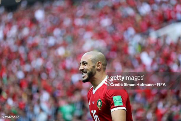 Noureddine Amrabat of Morocco reacts during the 2018 FIFA World Cup Russia group B match between Portugal and Morocco at Luzhniki Stadium on June 20,...